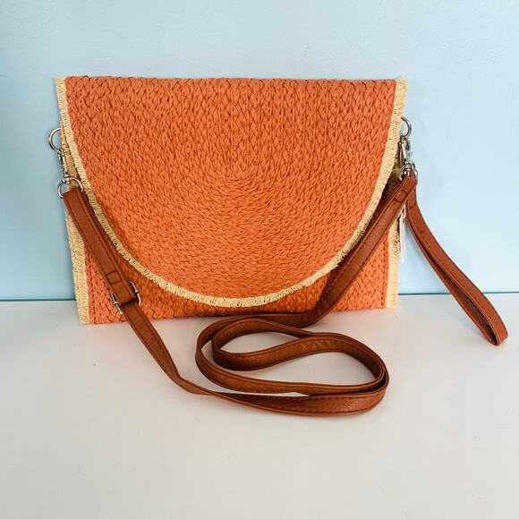 NWT Styline Frayed Trim Coral Straw Crossbody Bag/Clutch - Picture 6 of 6